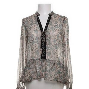 ZARA Sheer Floral Boho Blouse M — V-Neck Tie, Ruffle Hem, Long Sleeve